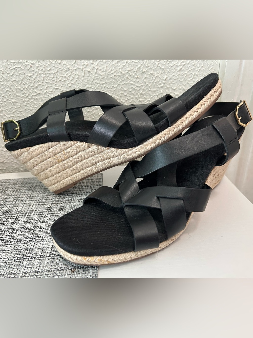 Cole Haan Black Woven Espadrille Wedge Sandals